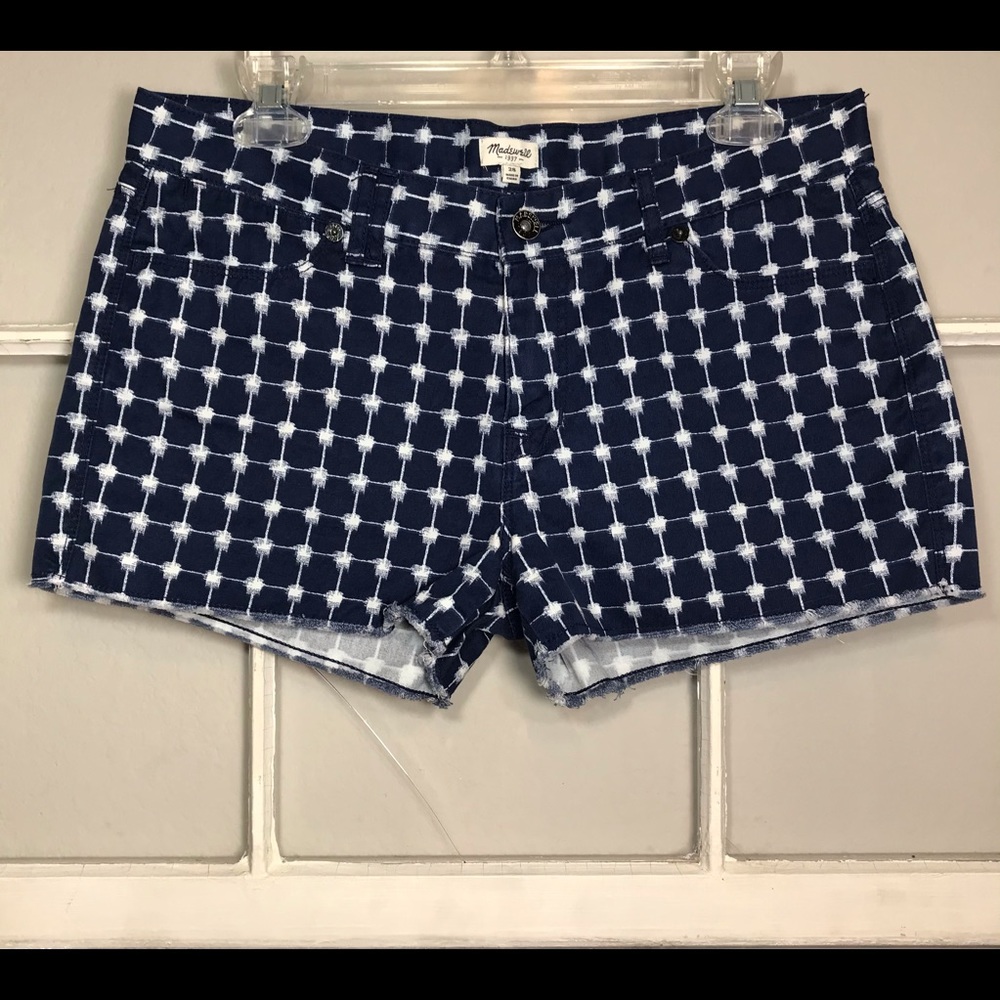 MADEWELL Frayed Hem Shorts Navy & White Patterned with Pockets Size 28